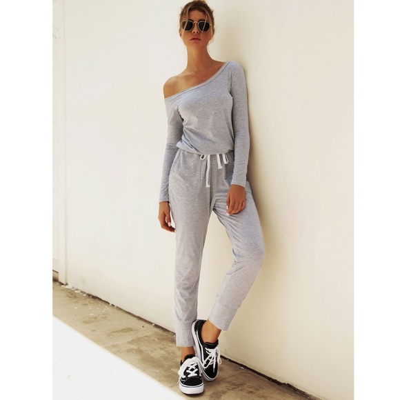 Off Shoulder Contrast Drawstring Grey Jumpsuit - Picture 2 of 12